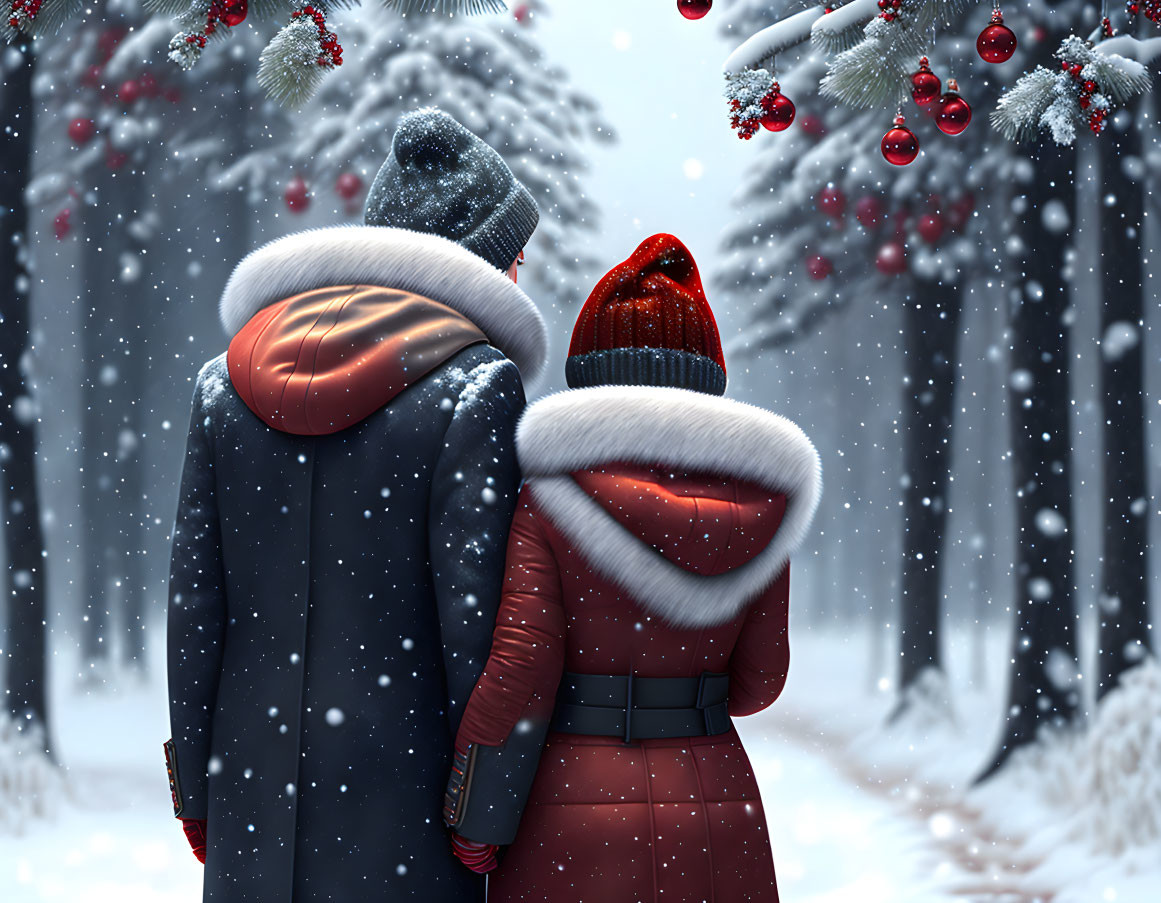 A couple holding hands during a snowy Christmas 
