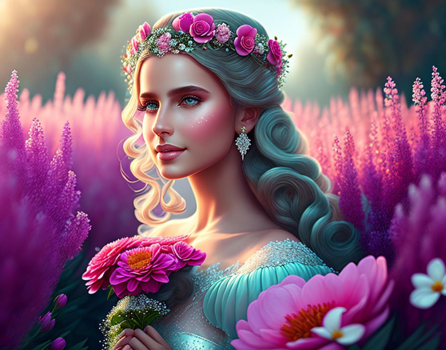 Girl sorrounded by pink flowers