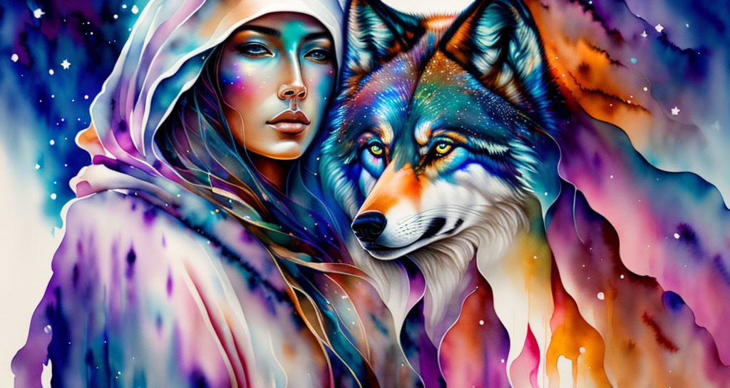 shaman woman and spirit wolf