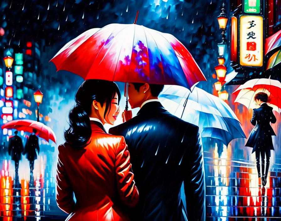 Japanese couple sharing an umbrella at night