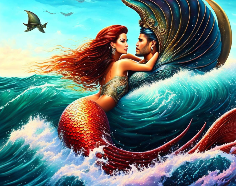 Mermaid and sea man embracing in waves