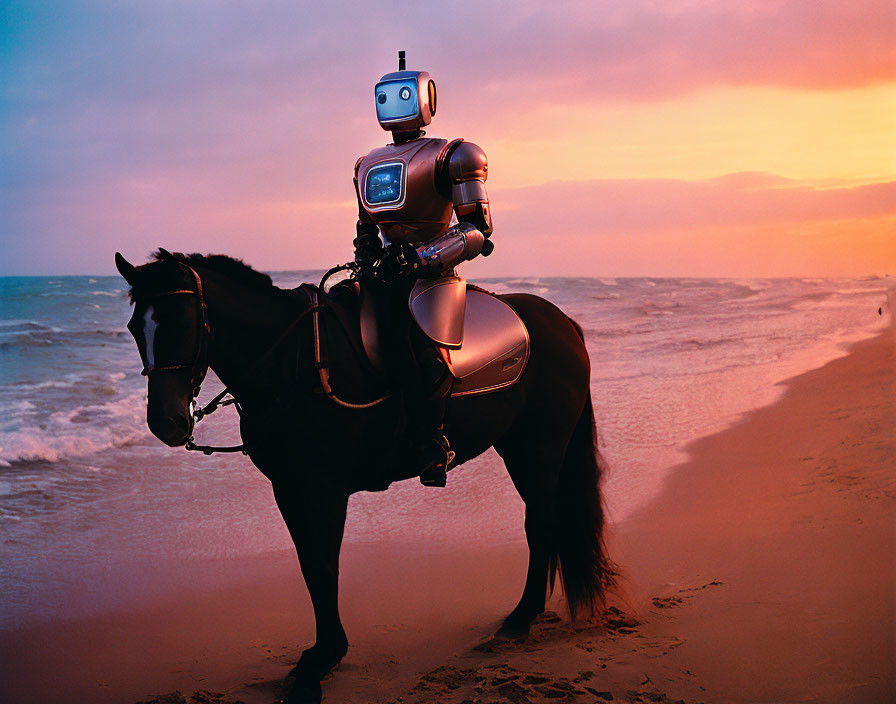 Mechanical rider, a futuristic gallop by the sea 