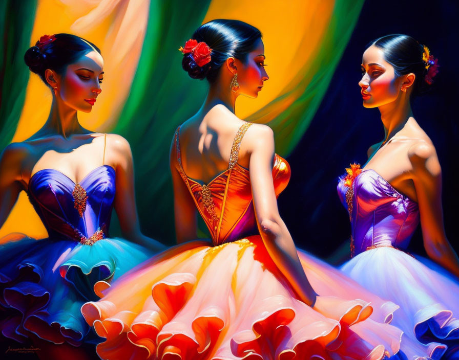 A painting of ballerinas in colorful costumes