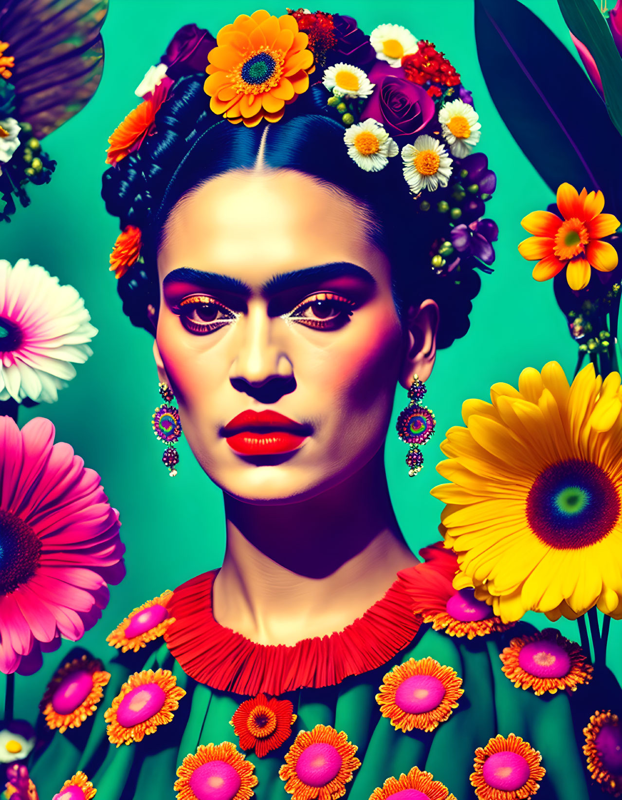 Frida Kahlo styled portrait with flowers