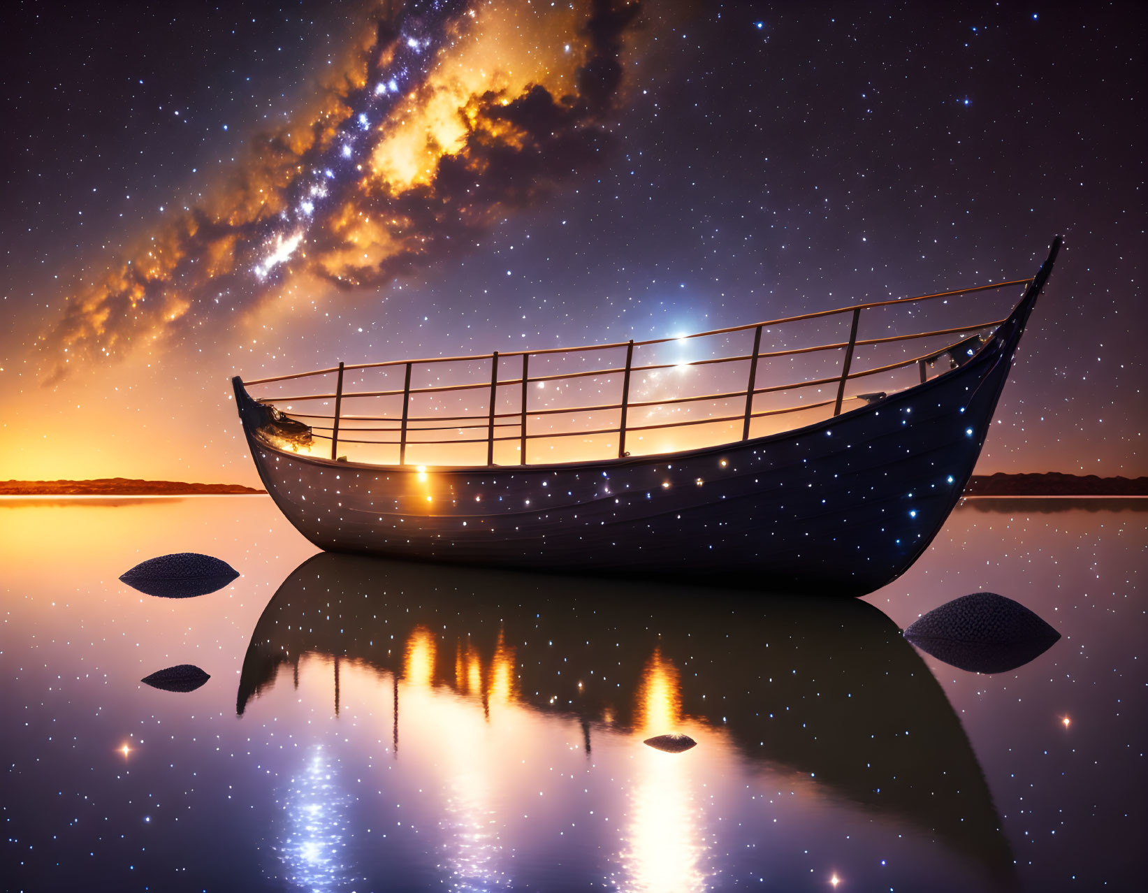 A Tranquil Cosmic Journey: The Milky Way Boat Wall
