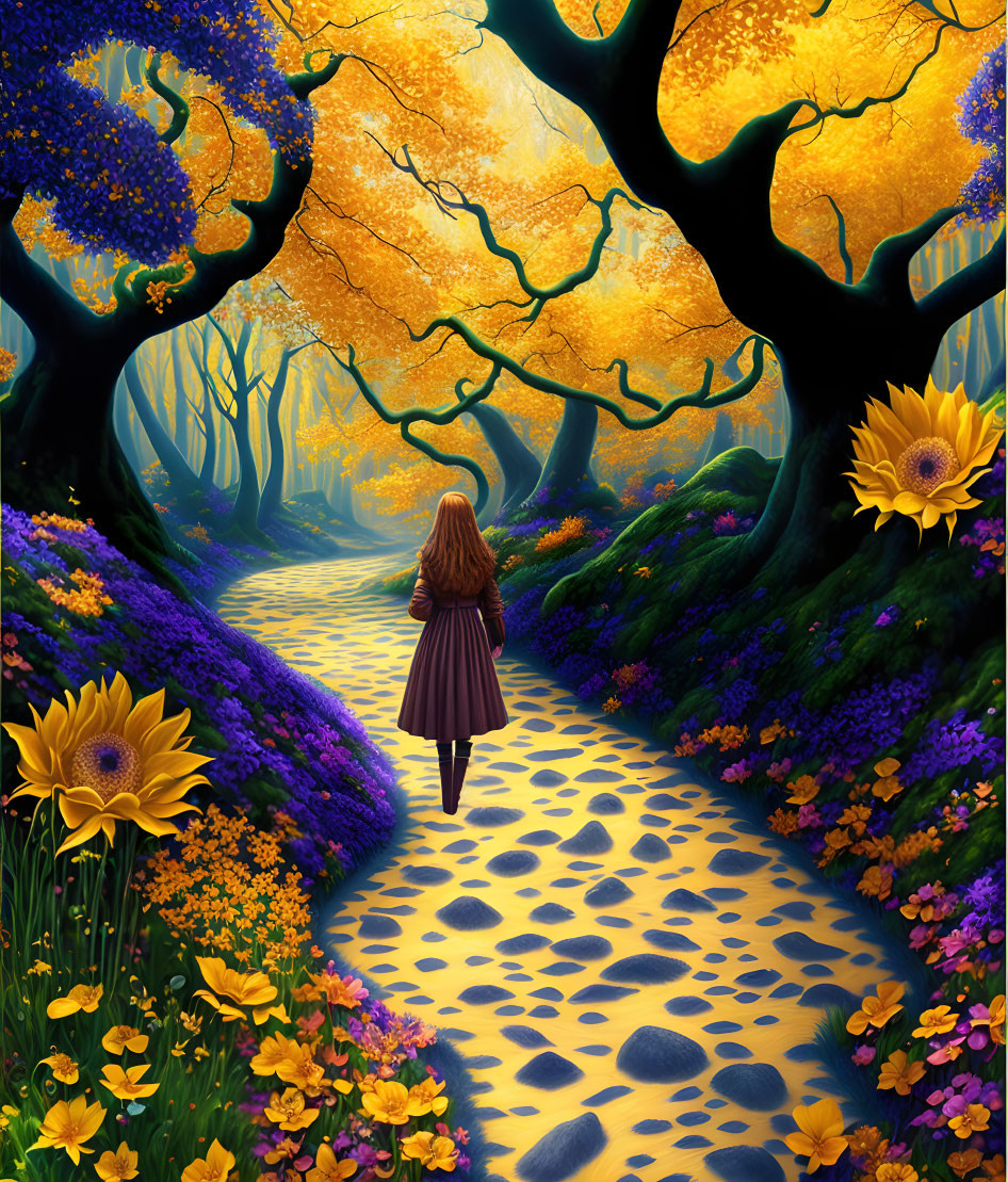 Little girl walking on yellow brick road 