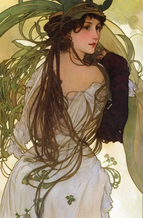 Alphonse Mucha watercolor girl in green shades
