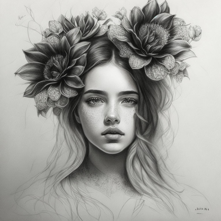 Sketch, girl, flowers 