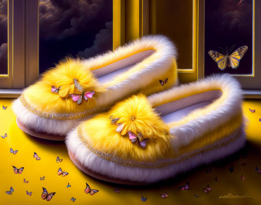 Slippers- Fluffy Yellow with Butterfly Decoration