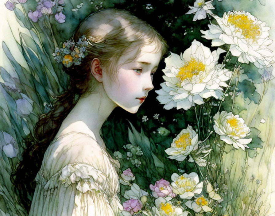 A girl and white flowers