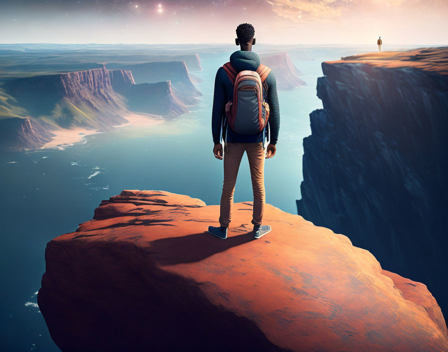 a young man stands on the edge of a cliff, 