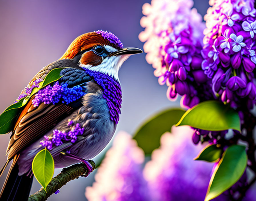 Two nightingales on a close-up of a blooming lilac