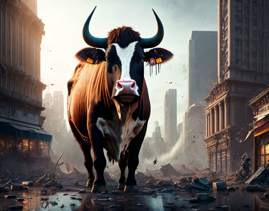 The enraged cow is destroying the city.