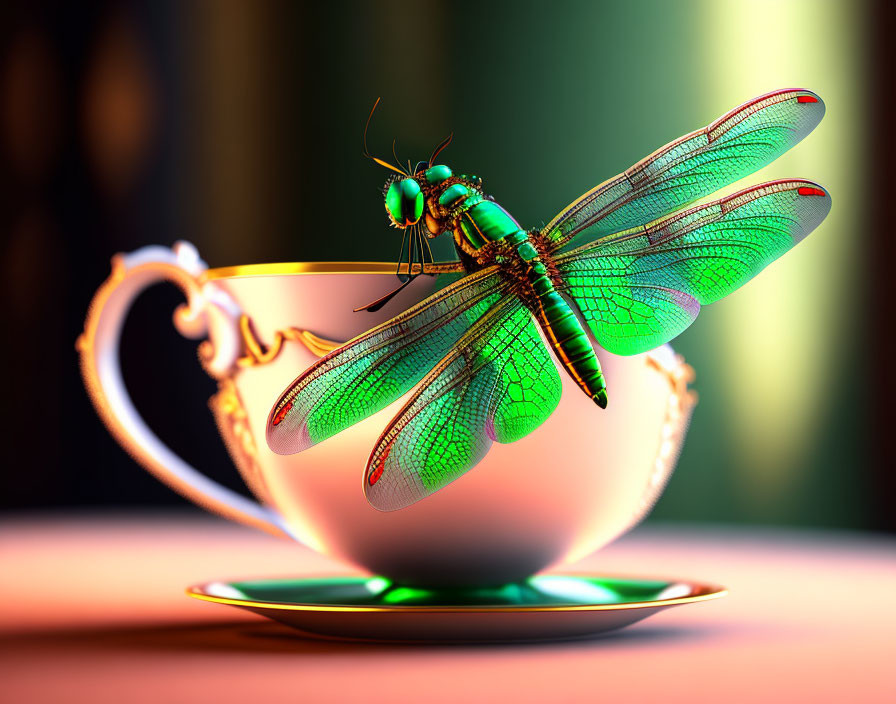 An emerald dragonfly on a teacup