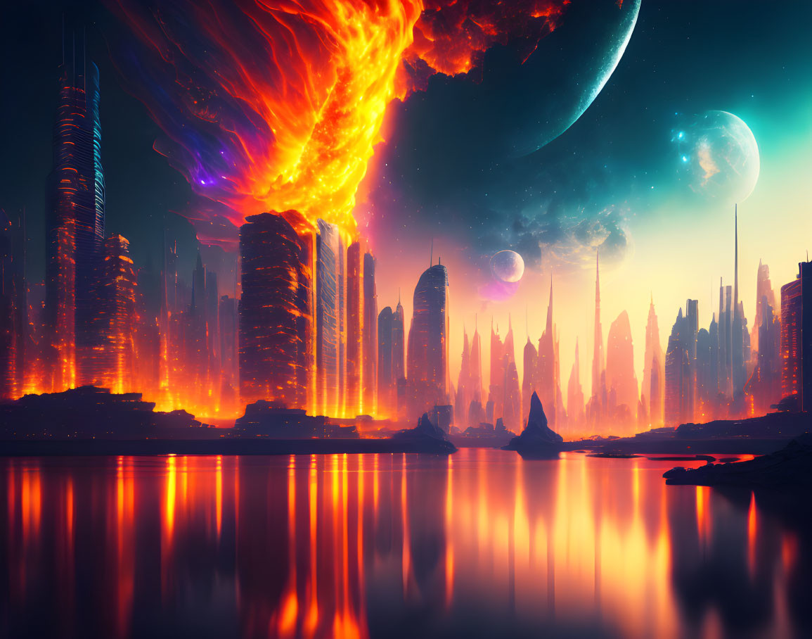 Burning city in space 