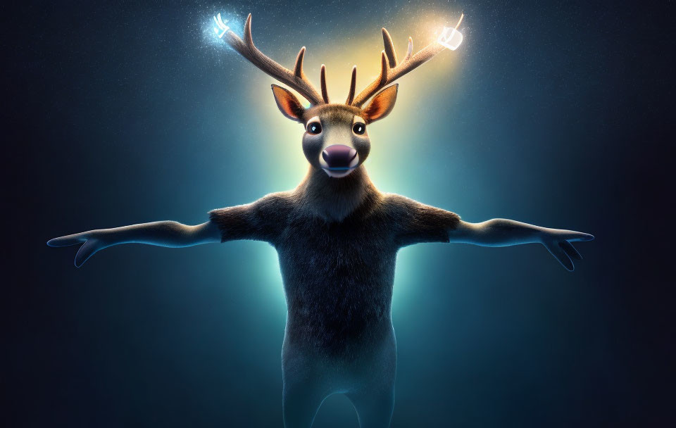 caricature of a  deer with two neon lightbulb's fo