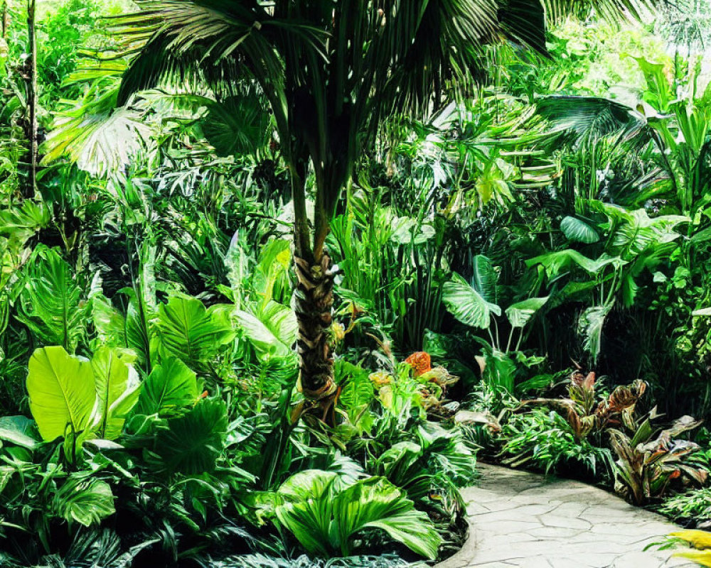 Tropical garden with lush green plants and winding path