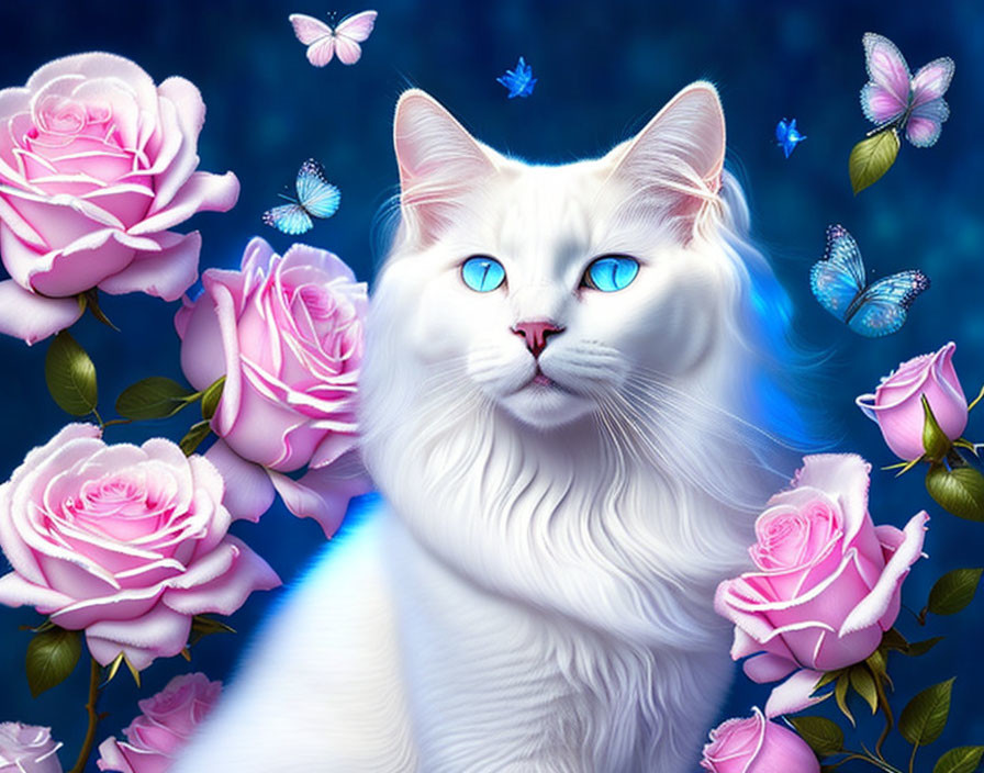 Beautiful white cat in pink and blue