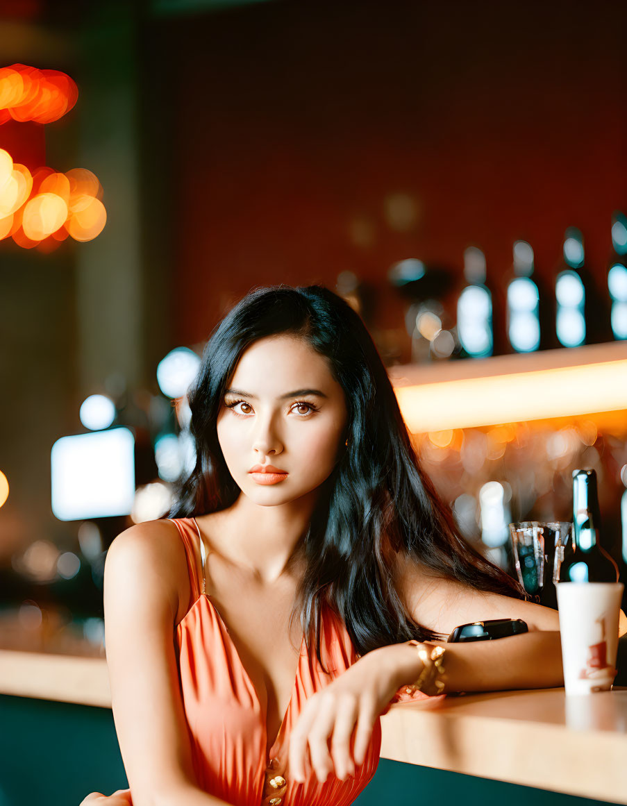 A cute and beautiful girl in a bar.