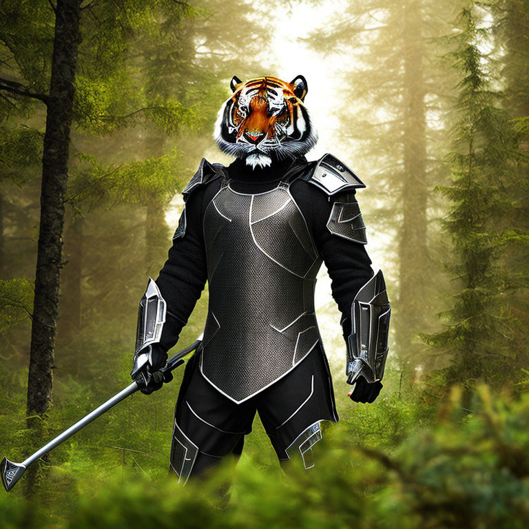 Tiger-headed humanoid in black armor wields sword in misty forest