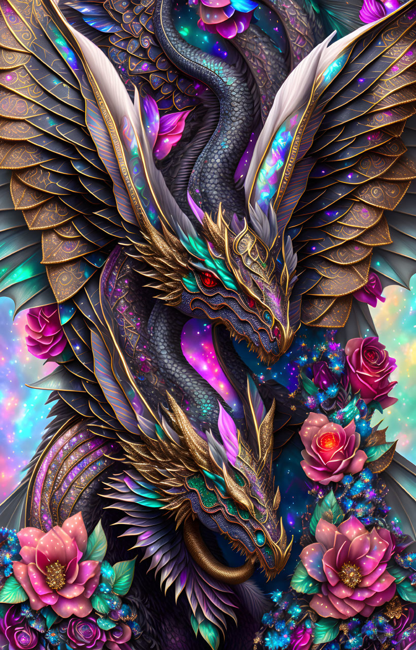 Dragon portrait with flowers