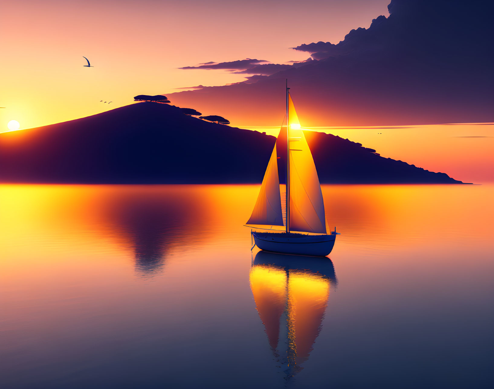 "Golden Serenity: Coastal Sunset with Sailboat"