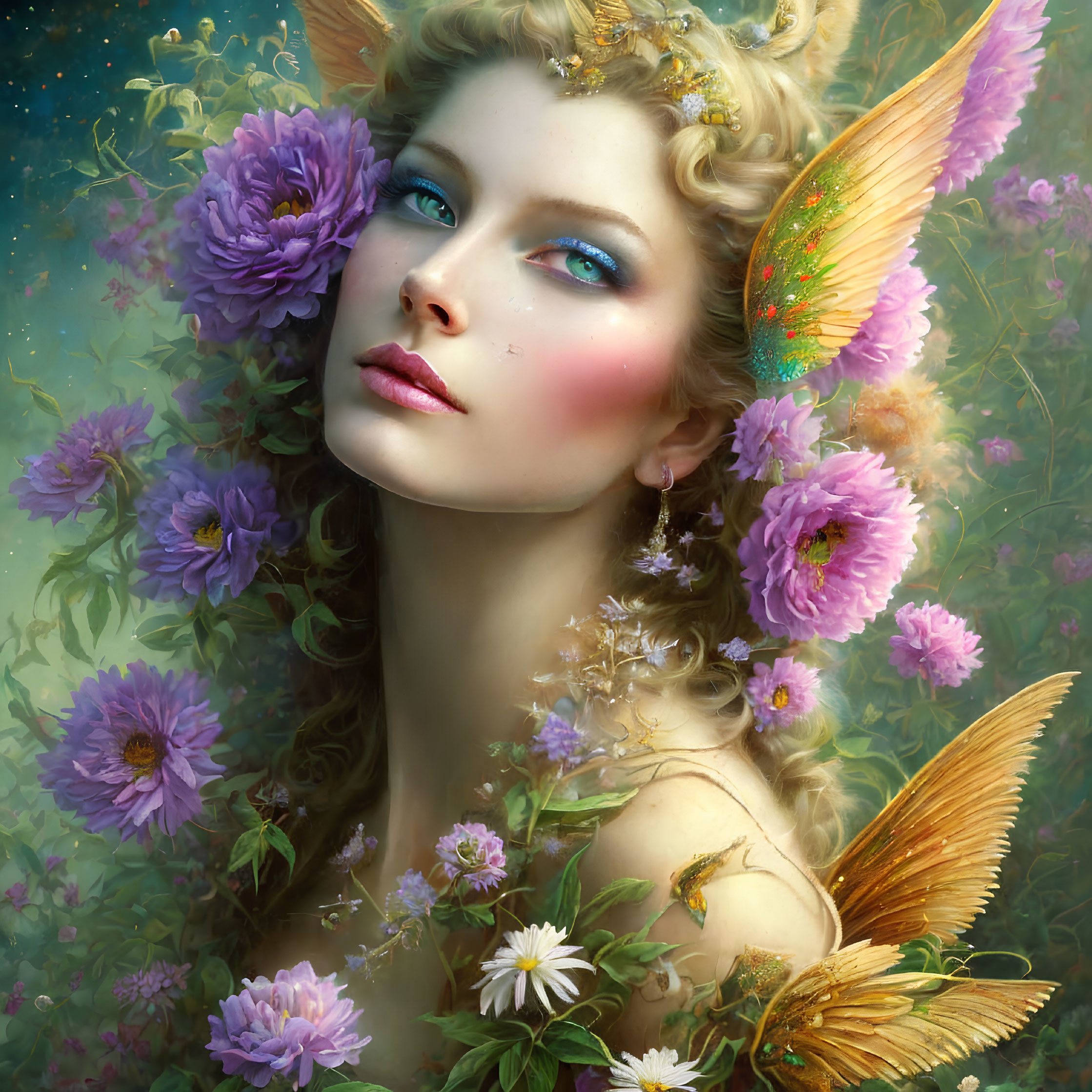 Fantastical image of fair-skinned woman with butterfly wings in lush floral setting