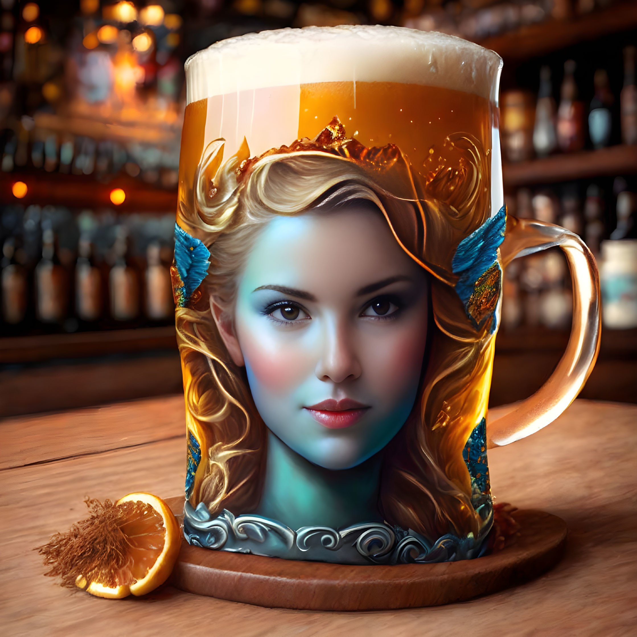 Detailed digital beer mug with woman's face, ornate patterns, and orange slice on bar top