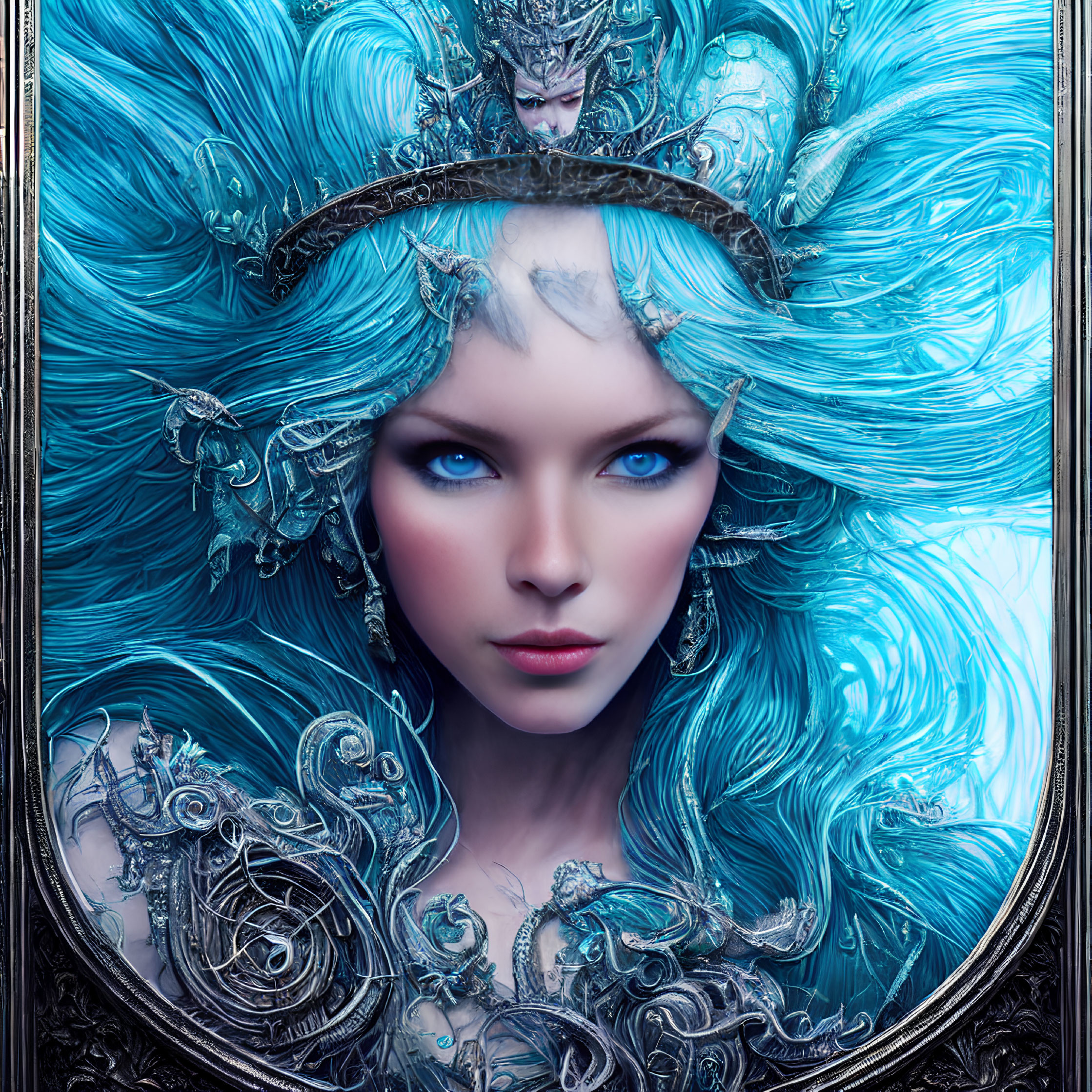Fantasy portrait of a woman with blue hair and ornate headpiece on blue background