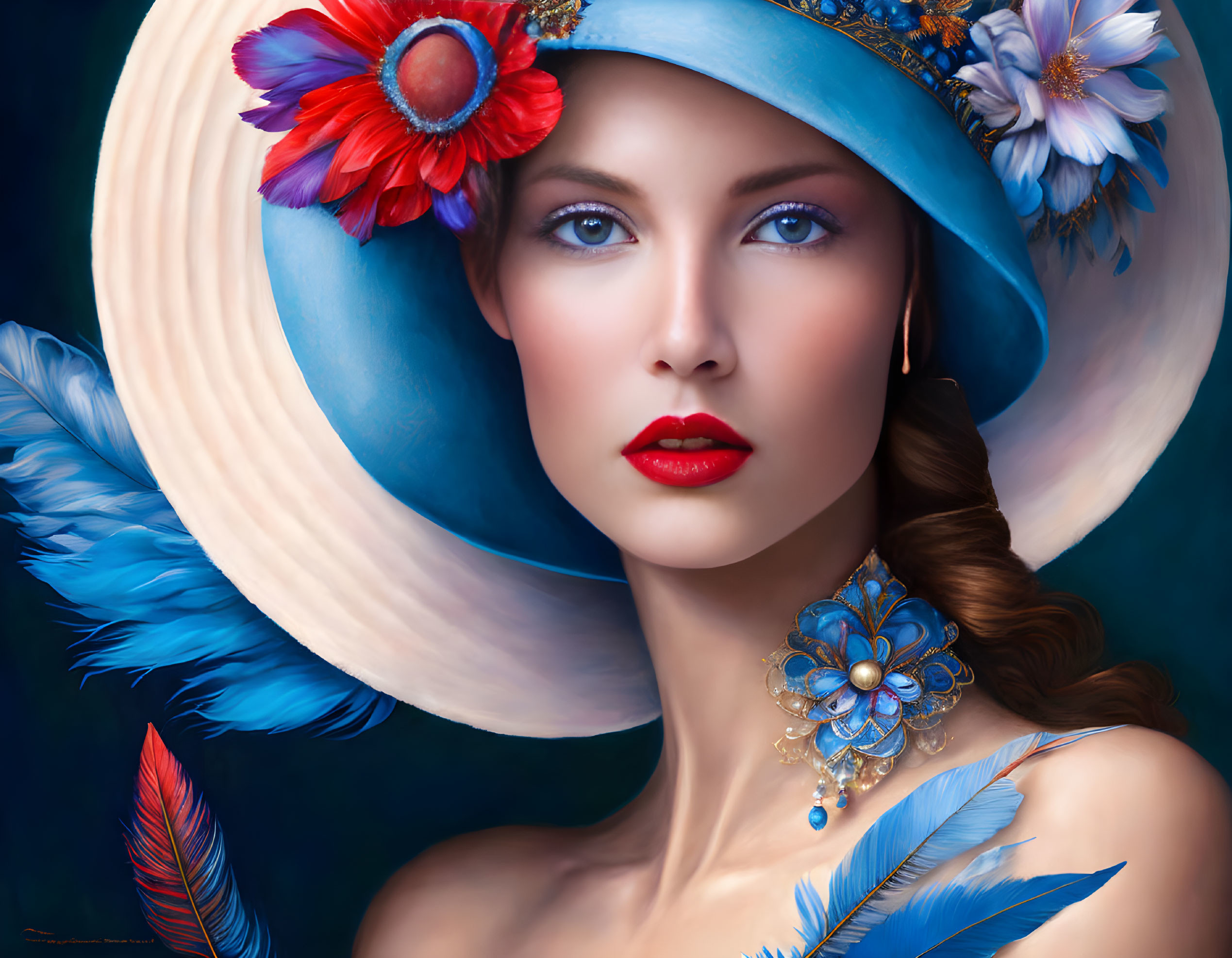 Woman wearing blue wide-brimmed hat with red and white flowers and feather details, matching floral necklace