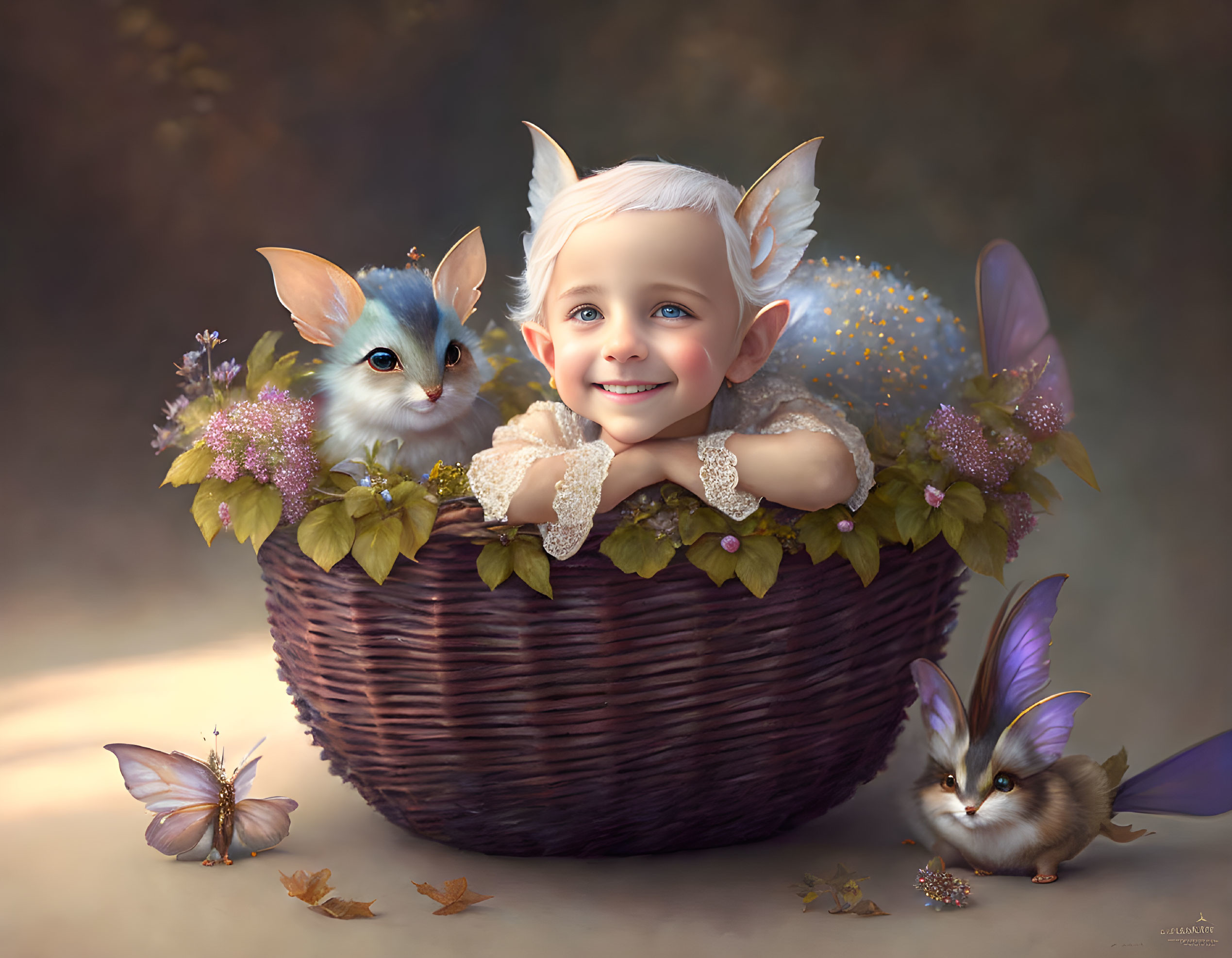Child with fairy-like features in wicker basket with whimsical creatures