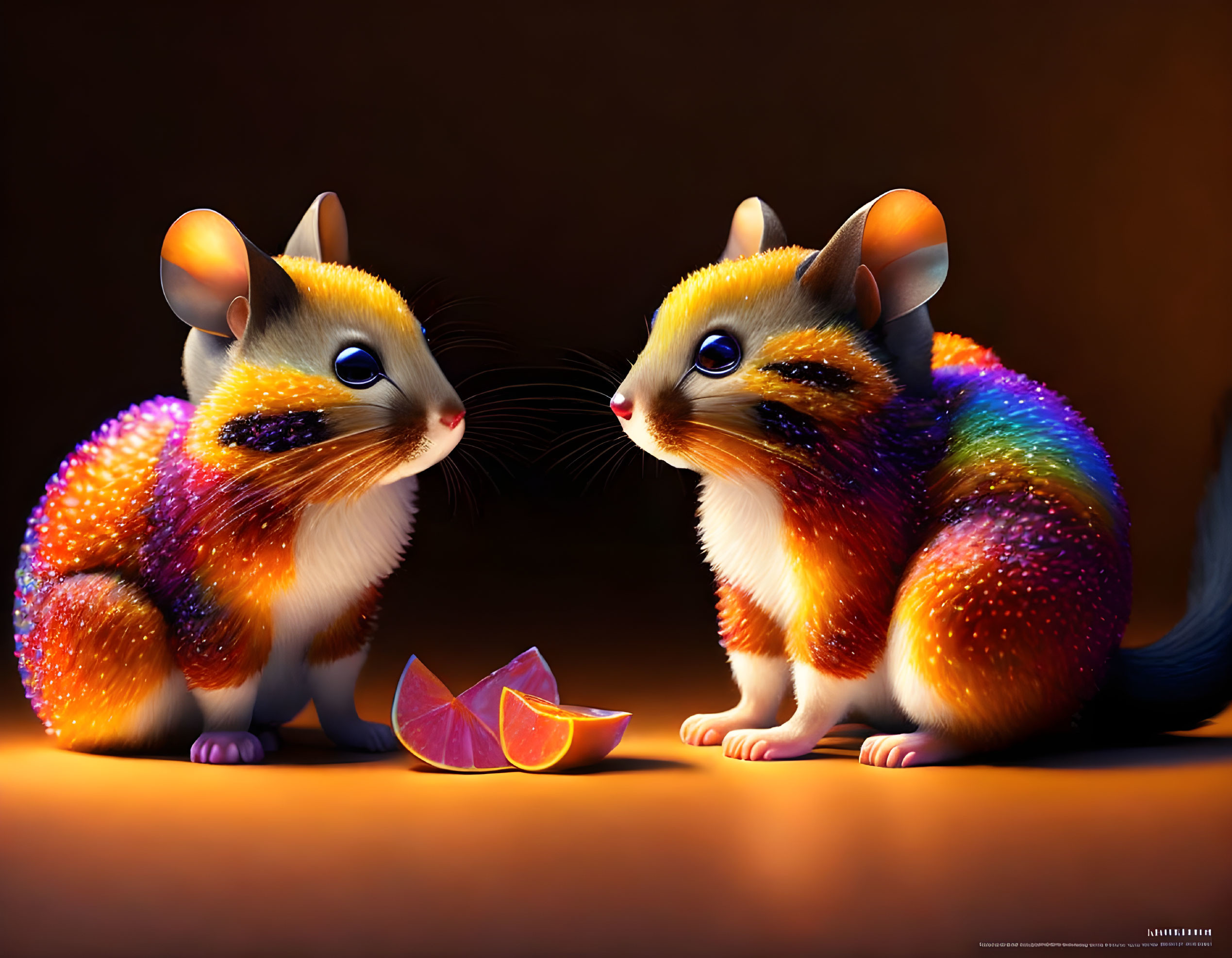 Colorful animated chipmunk-like creatures sharing orange slice on dark background