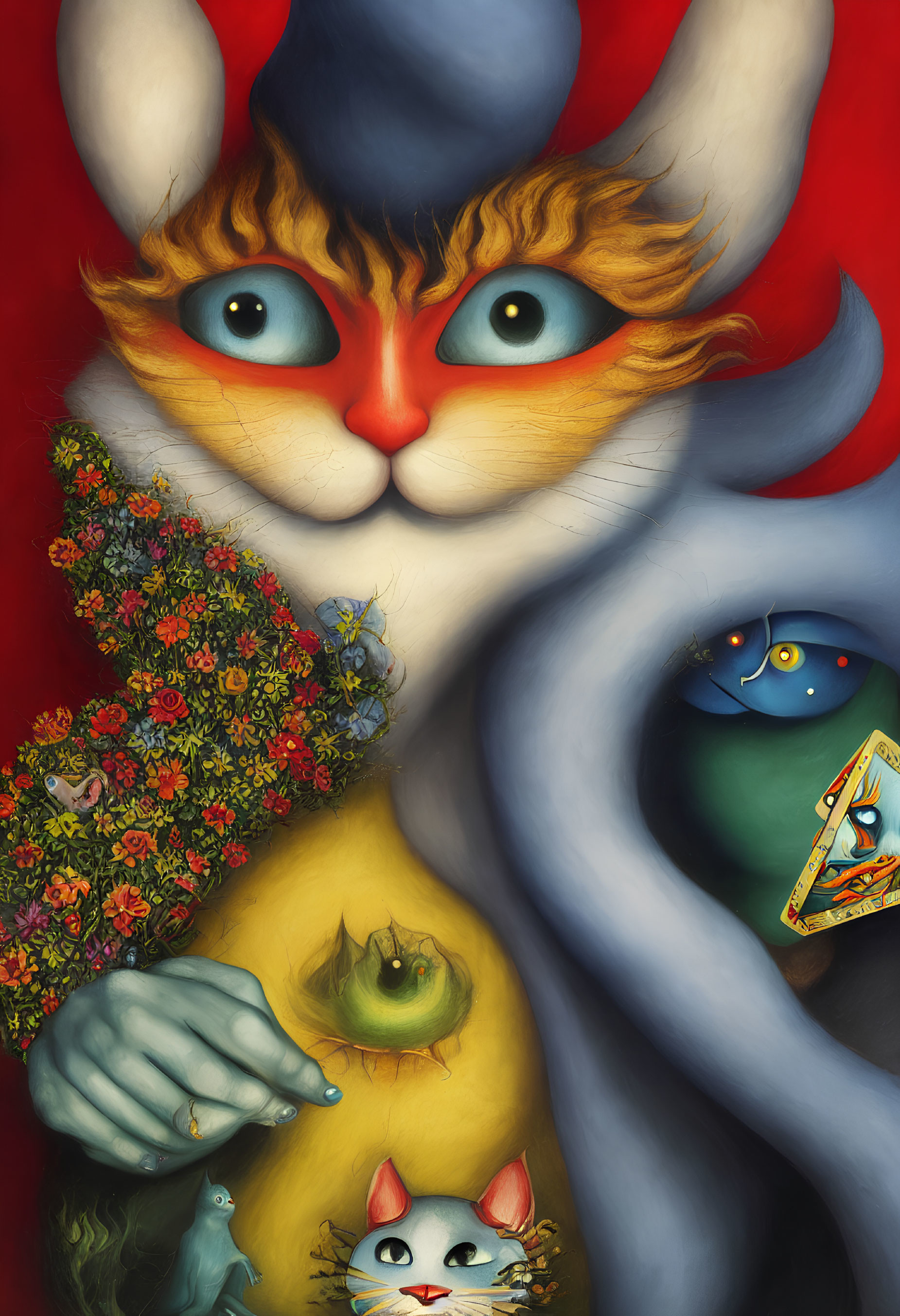 Whimsical cat painting with colorful elements