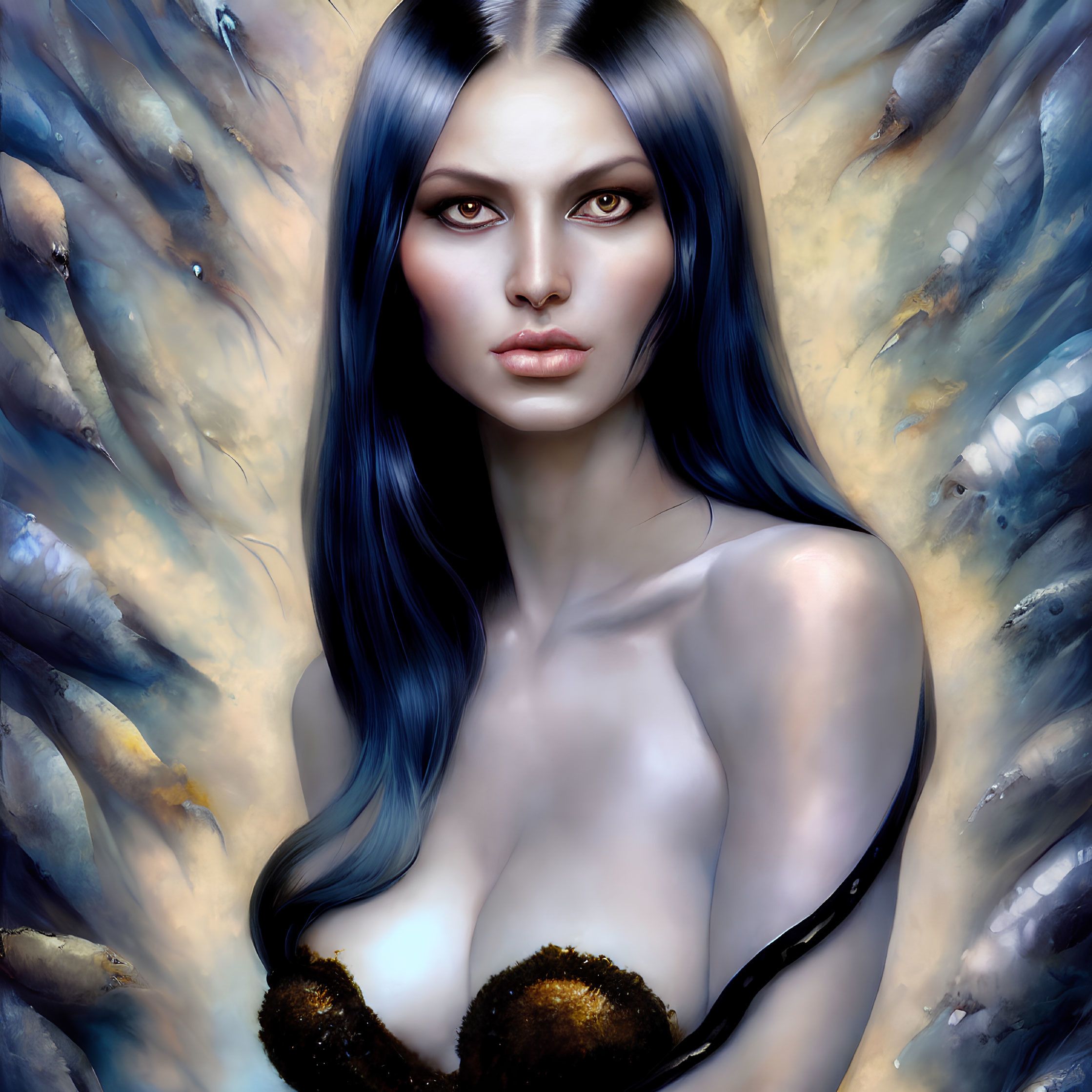 Digital painting: Woman with blue hair in surreal golden abstract background