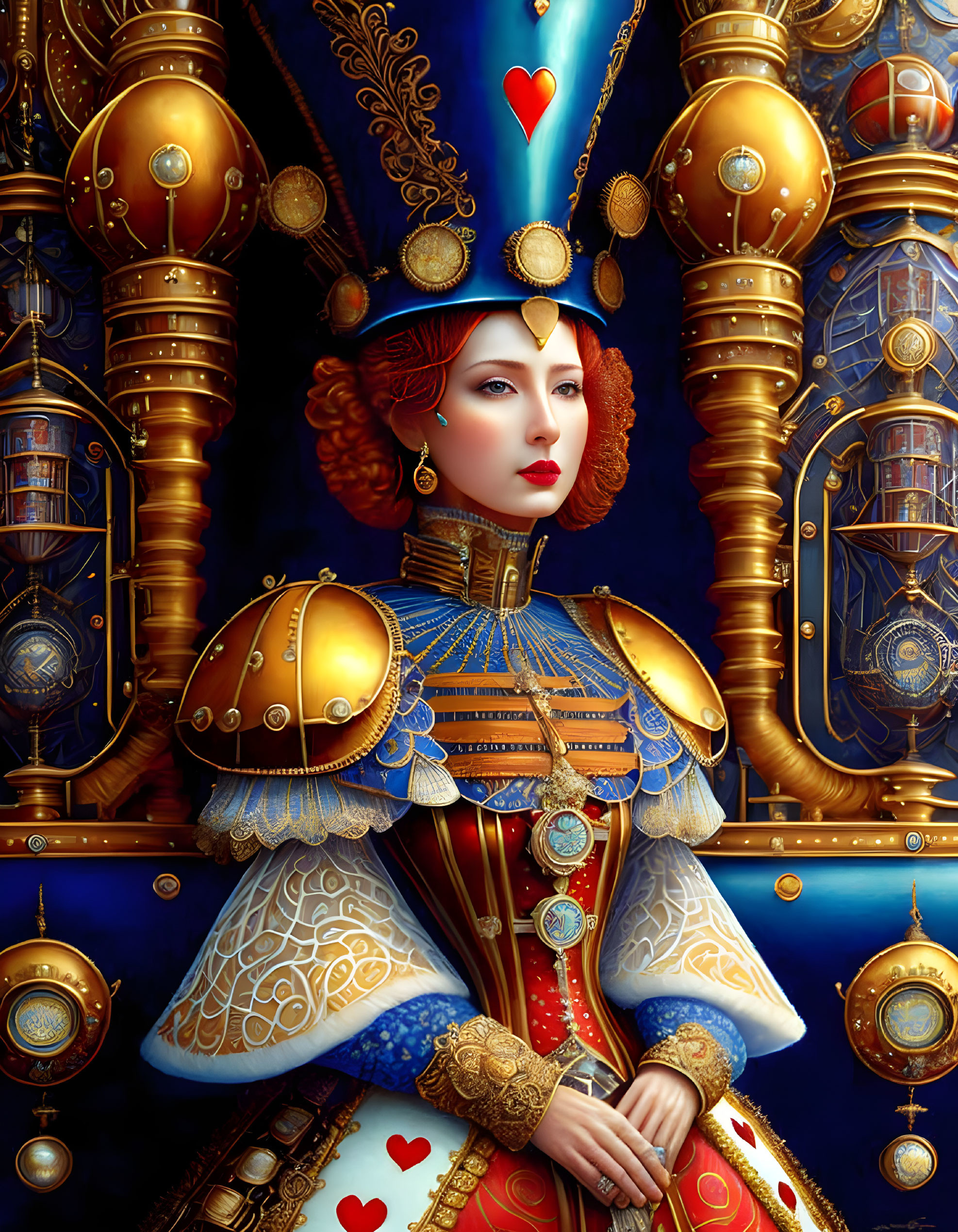 Ornate Red-Haired Woman in Regal Attire with Gold and Blue Elements