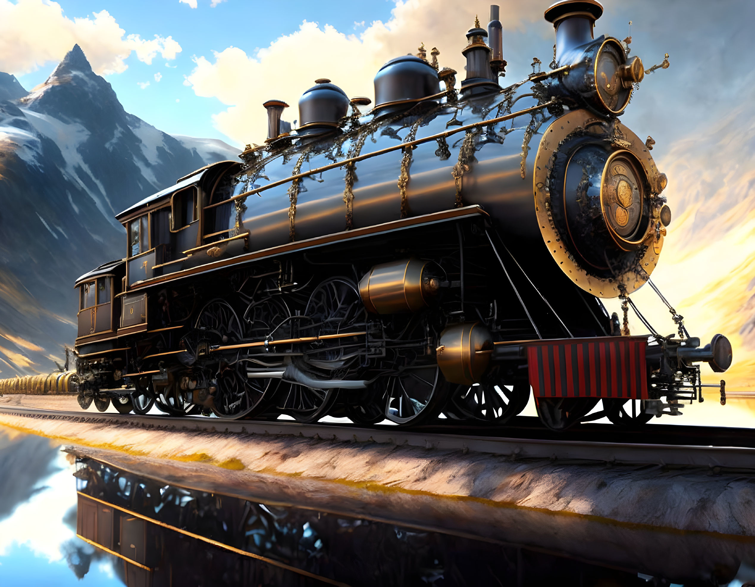 Detailed Close-Up of Vintage Steam Locomotive on Tracks with Majestic Mountains and Dramatic Sky