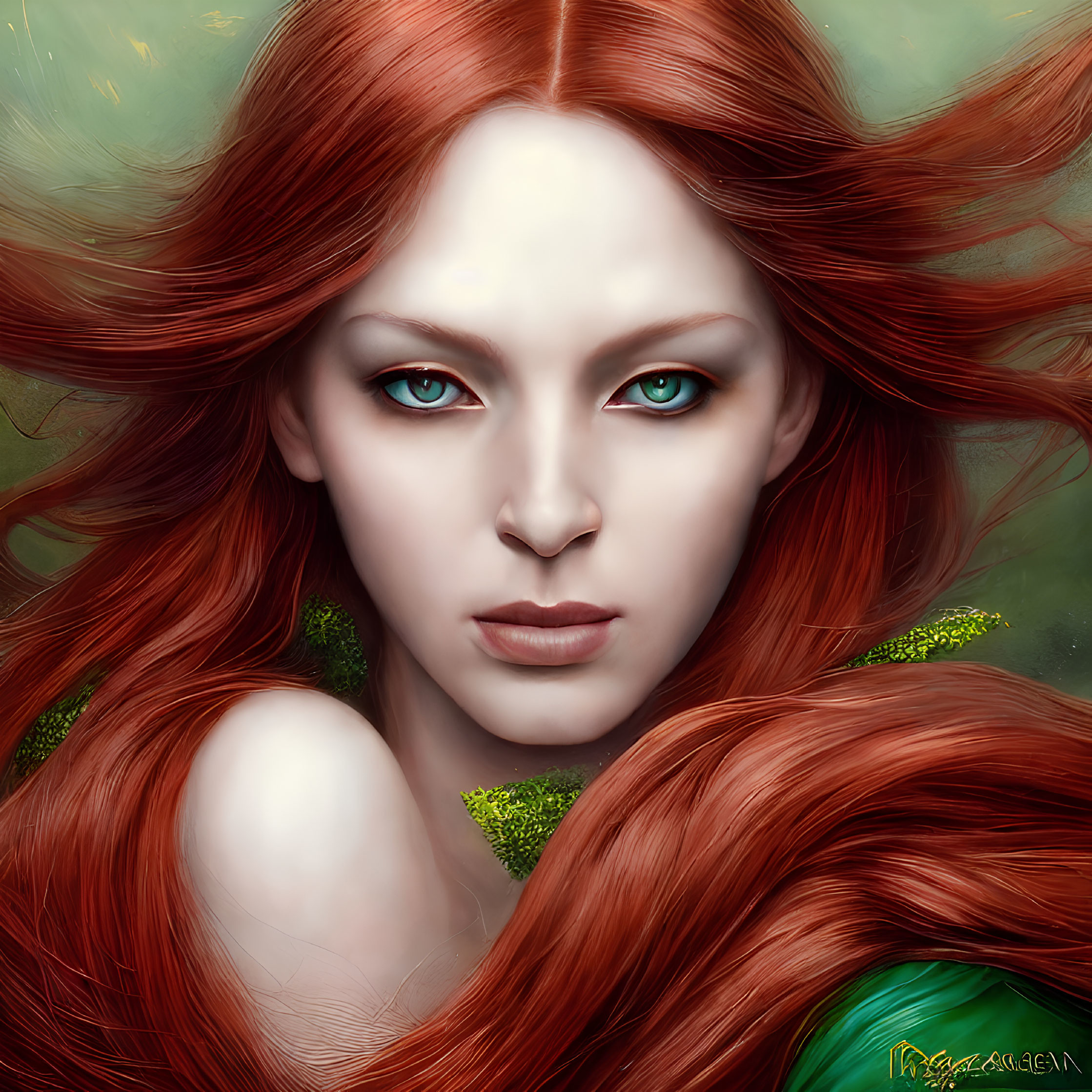 Digital portrait of a woman with red hair, green eyes, and foliage accents