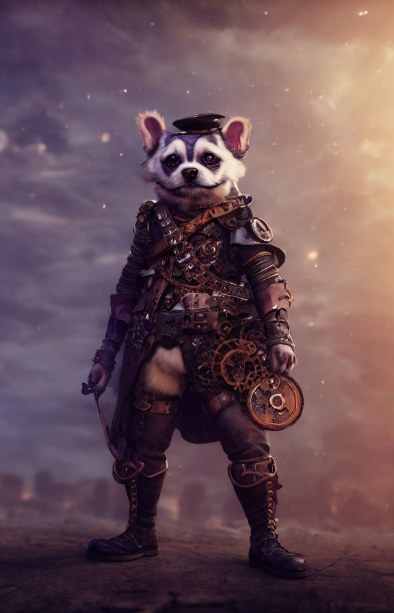 Steampunk-themed anthropomorphic raccoon with gear shield under starry sky