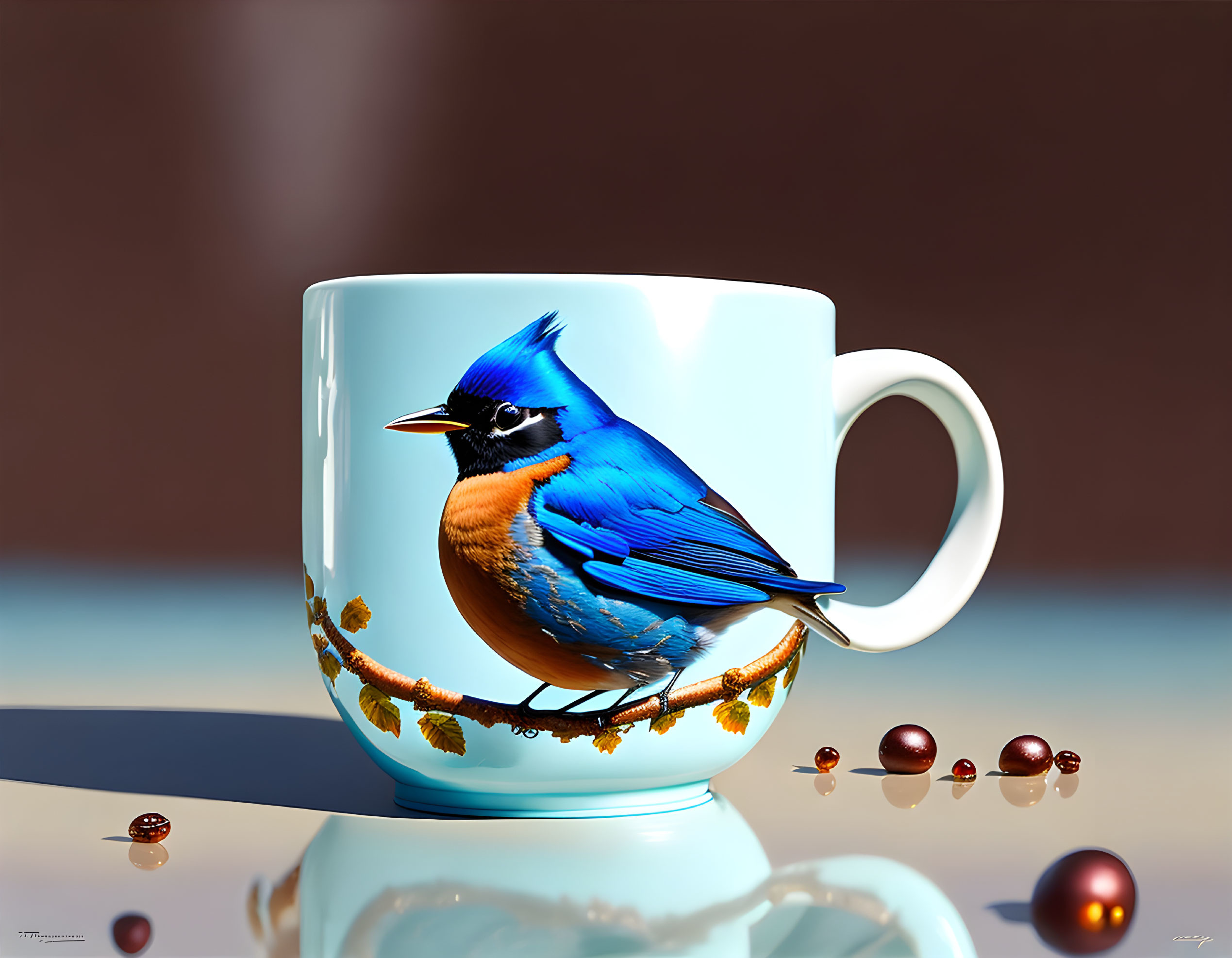 blue breasted robin as an ornament on a coffee mug