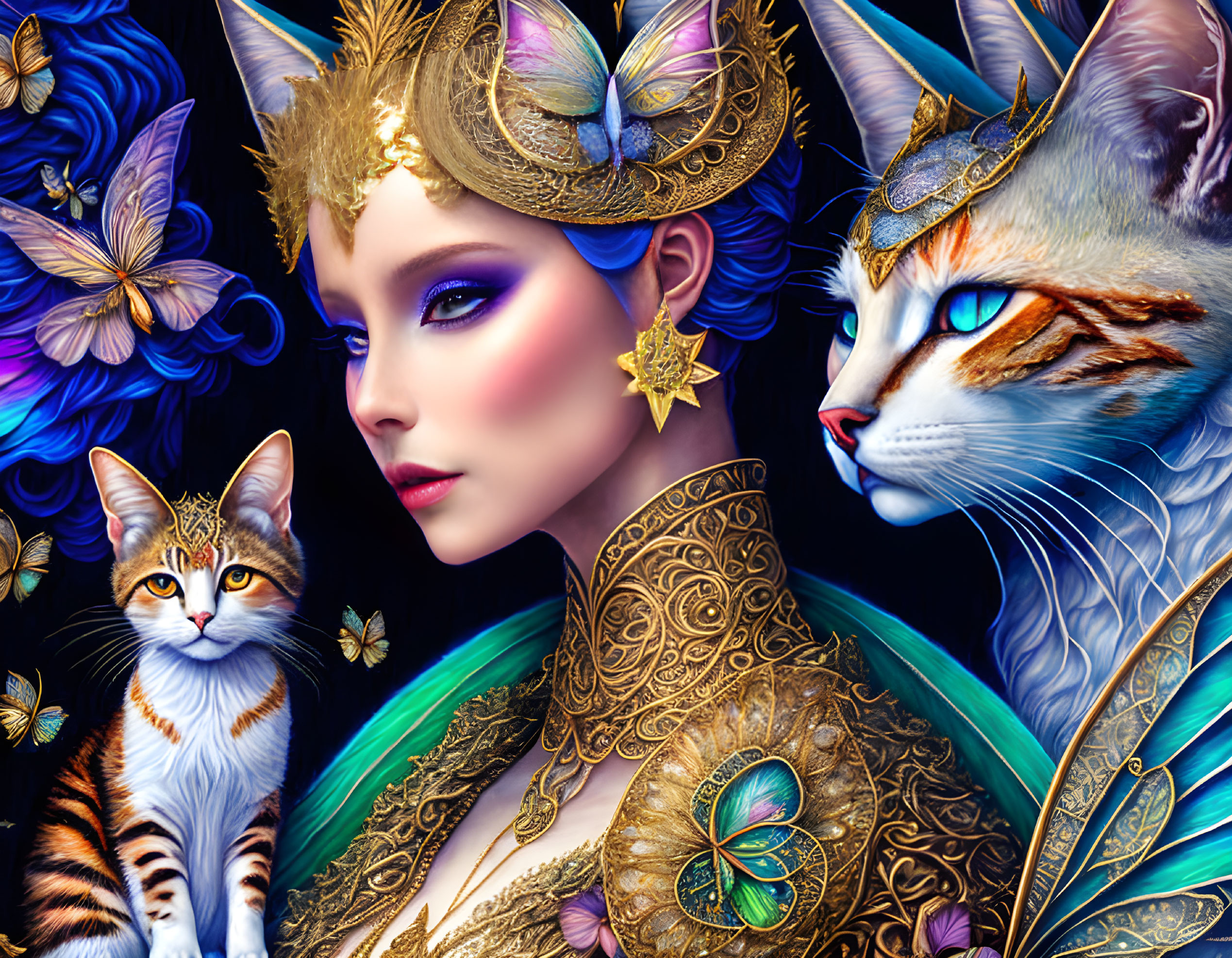 Colorful artwork of woman with striking makeup and golden accessories, orange tabby cat, and majestic blue