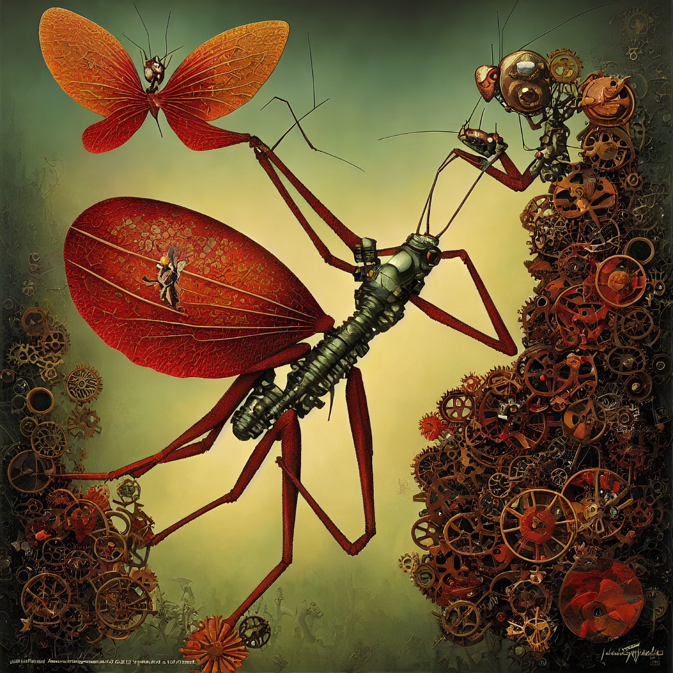 Steampunk-style digital artwork with mechanical ant and butterfly in intricate gear designs