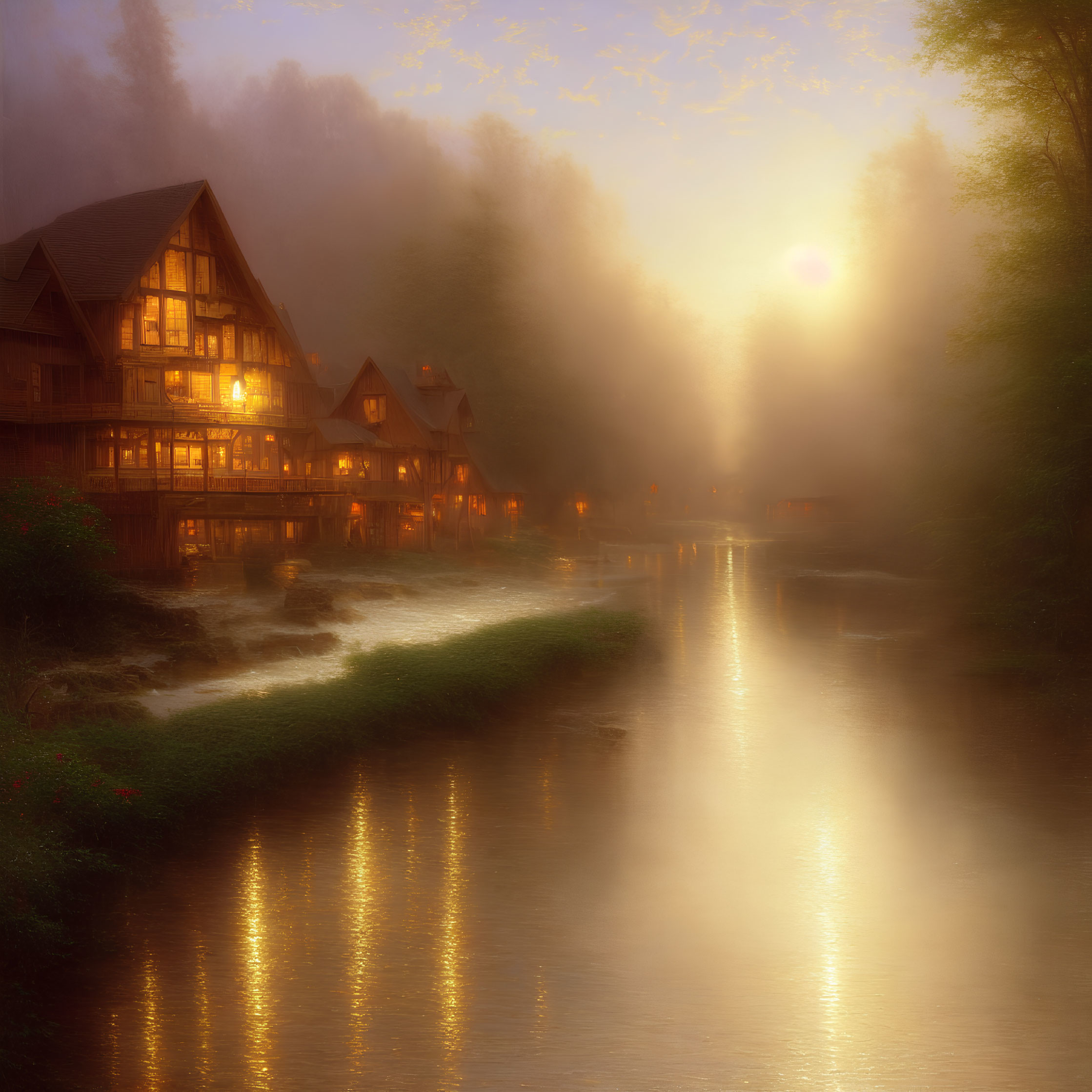 Riverside lodge at sunrise or sunset beside misty river