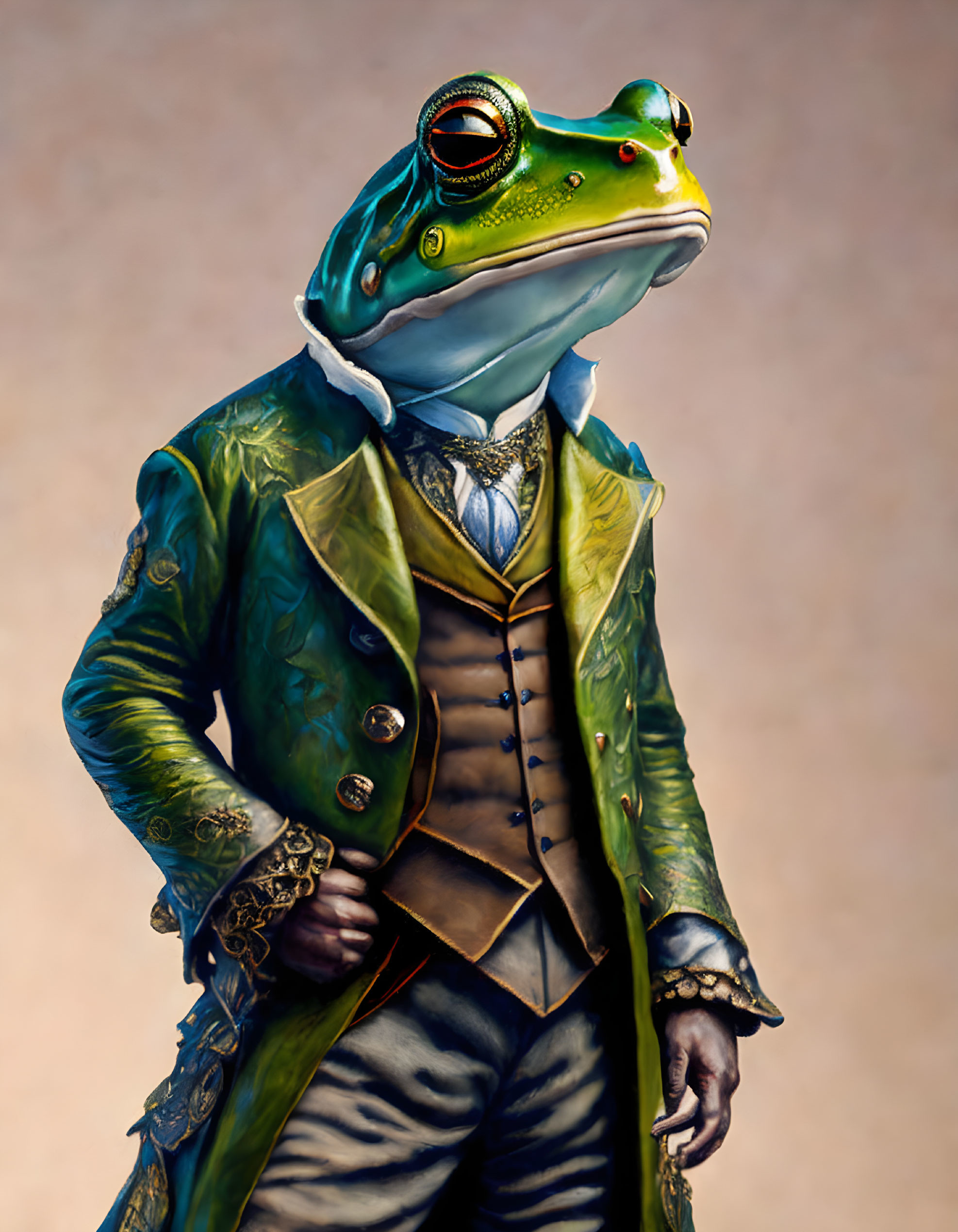 A well dressed fantasy humanoid Frog 