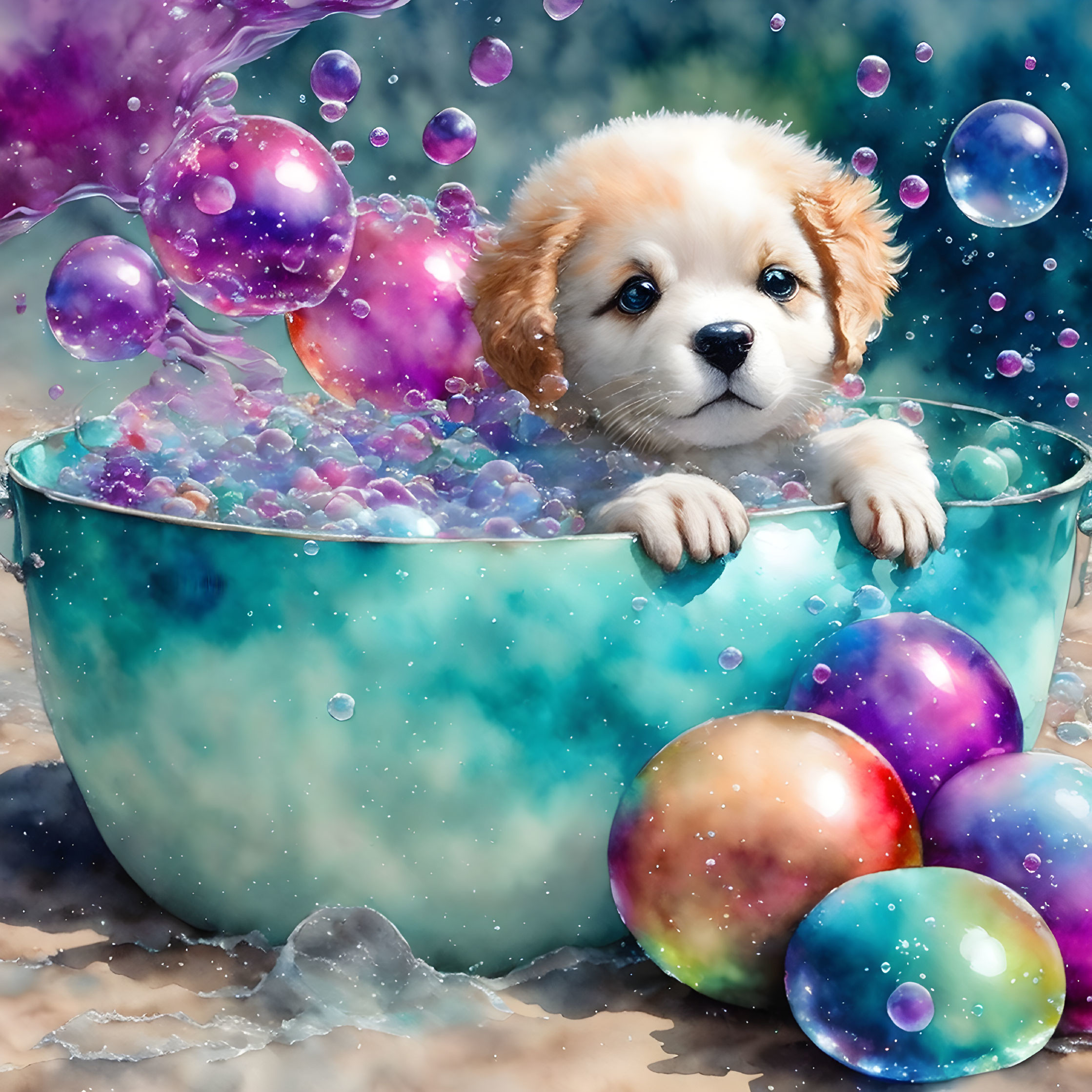 Adorable puppy in blue water basin with colorful bubbles