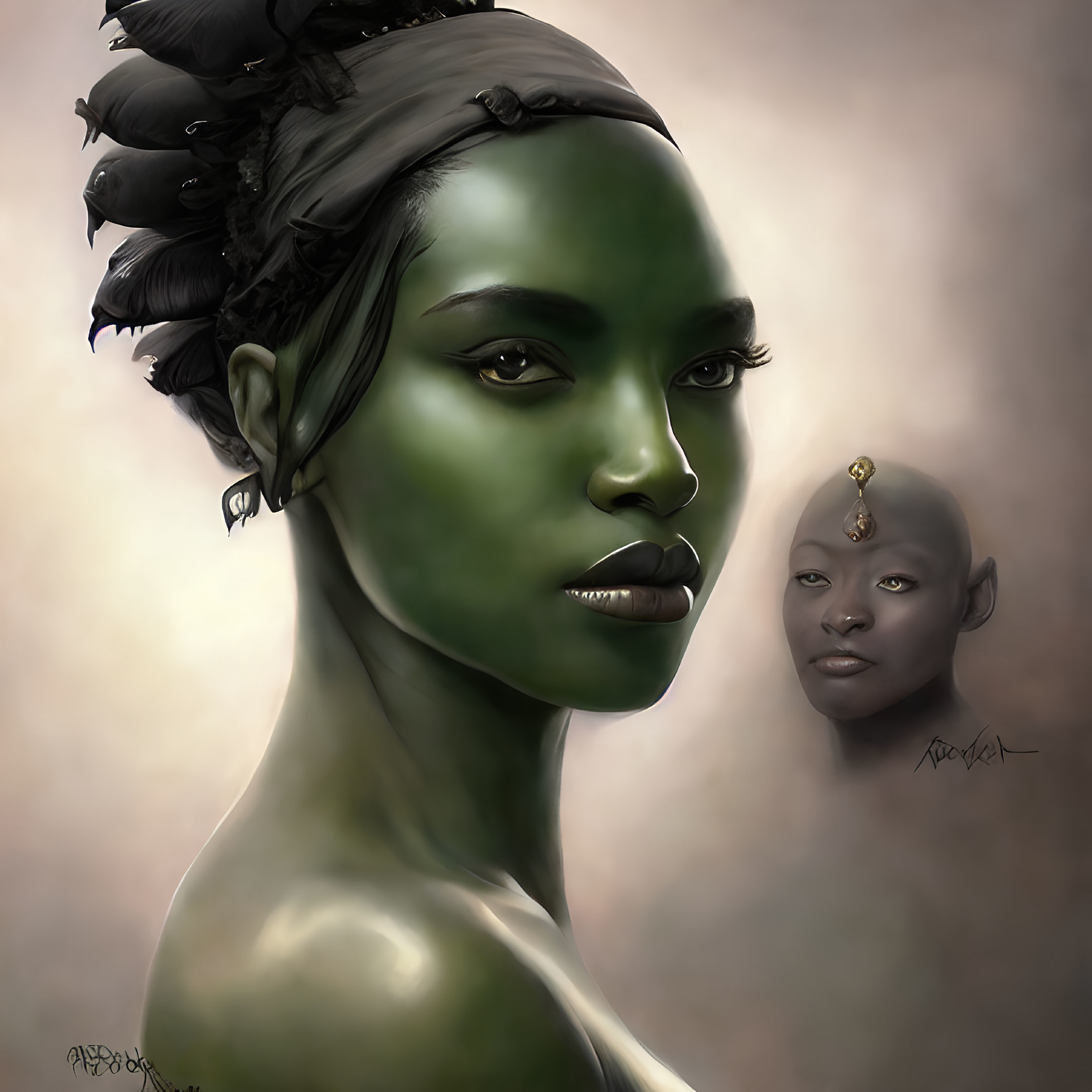 Stylized digital artwork of two figures with green skin and intense gazes