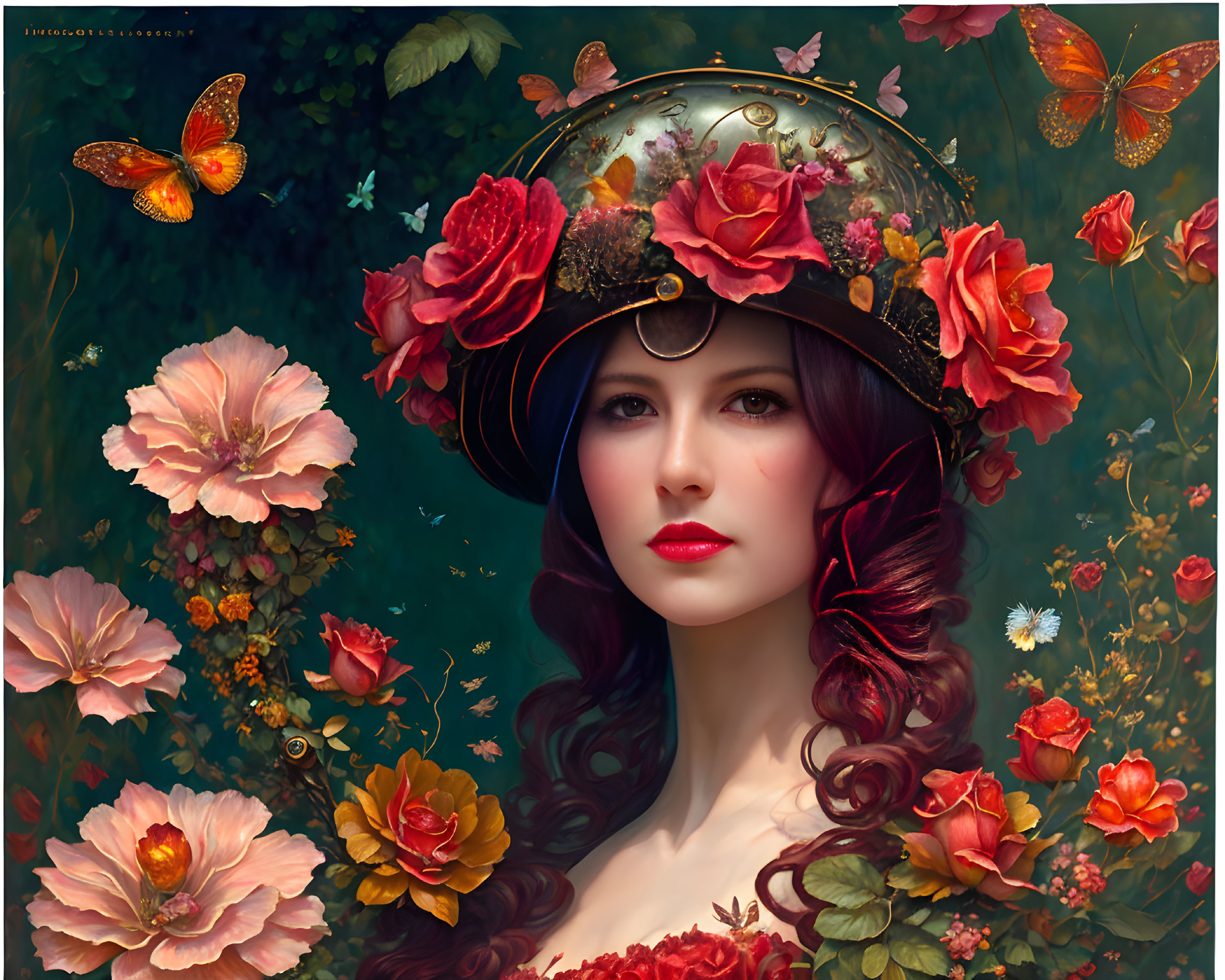 Woman with Red Flowers and Butterflies in Helmet Headgear Surrounded by Florals