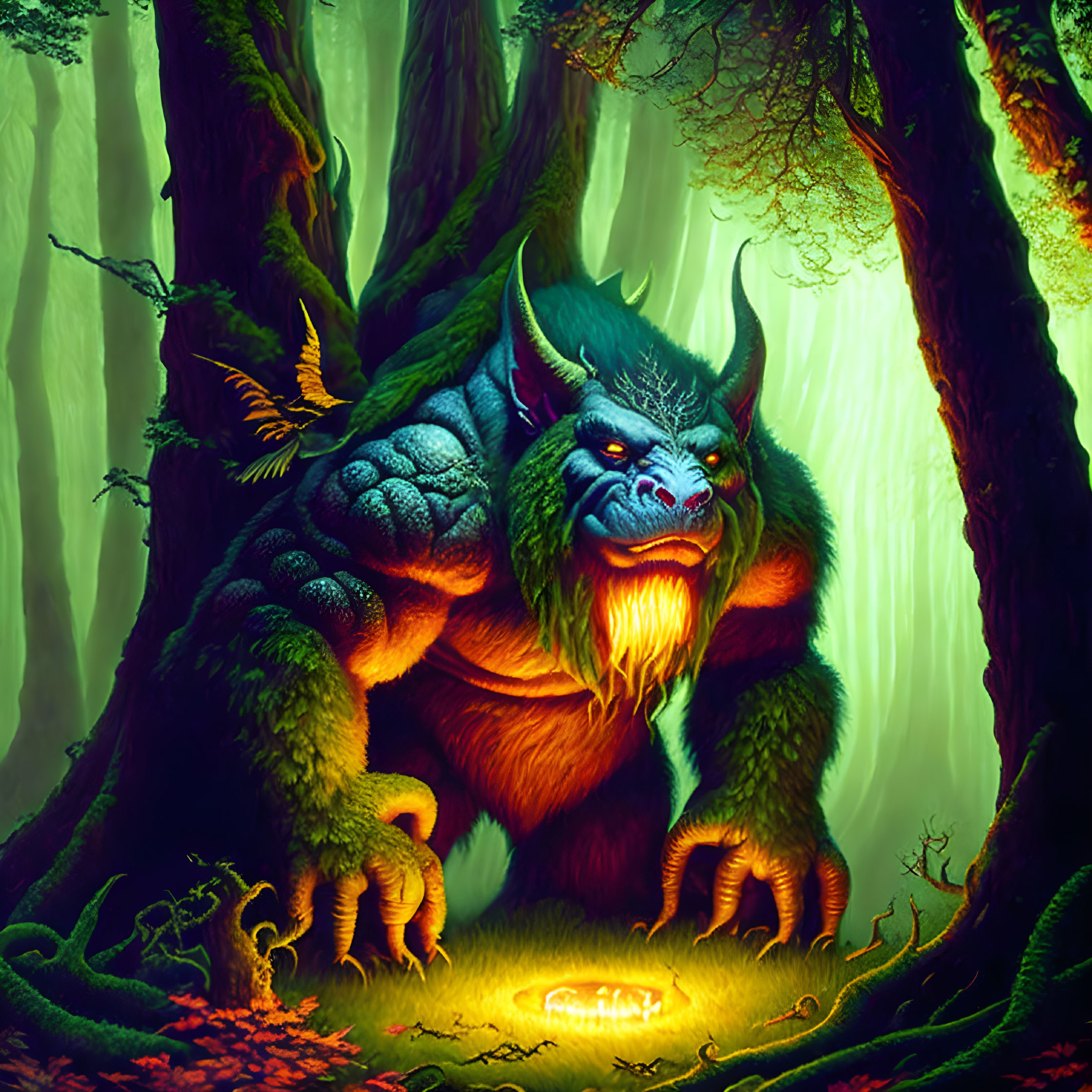 Blue-faced, fanged creature in green fur gazes at glowing object in enchanted forest