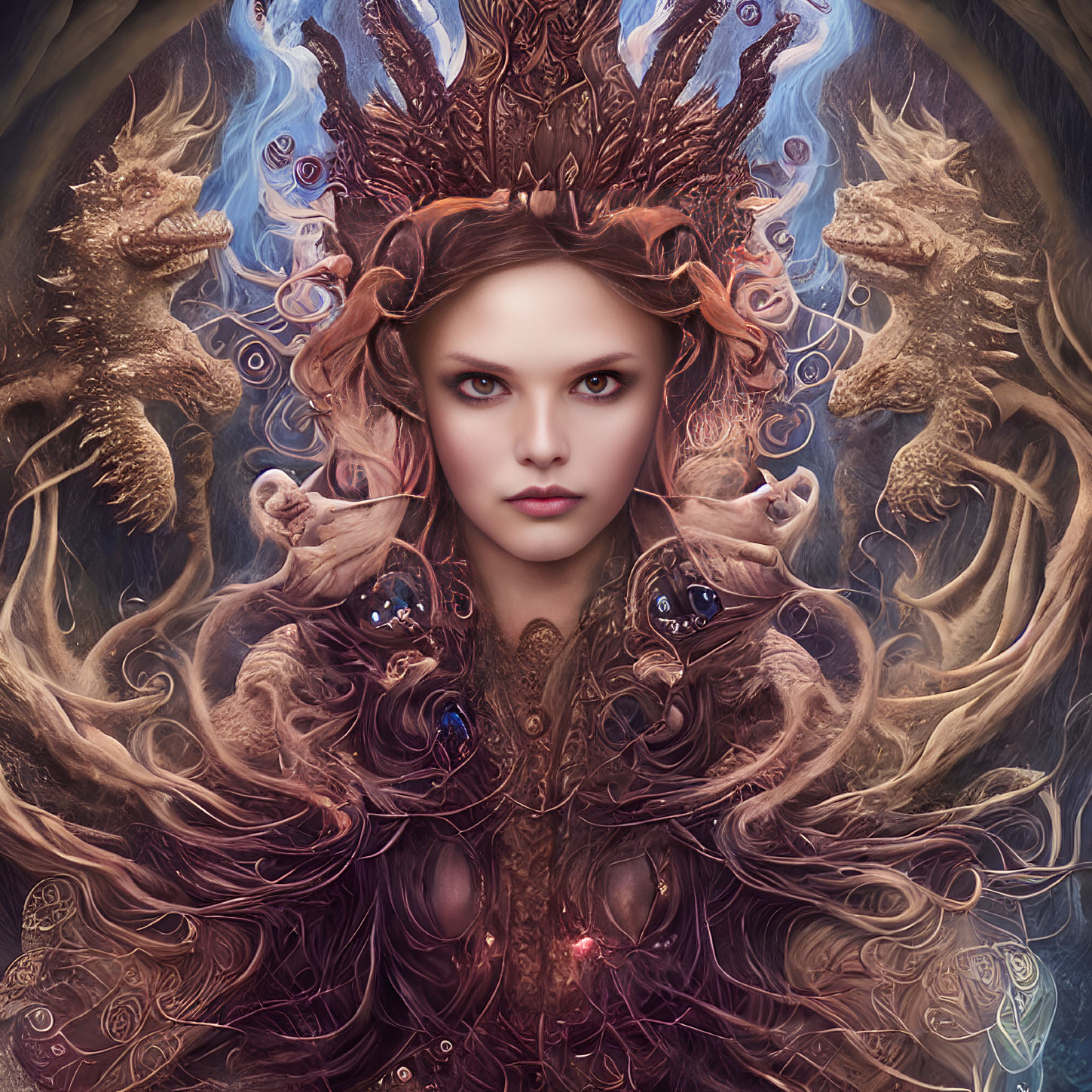 Fantasy portrait featuring woman with ornate crown and mythical creatures
