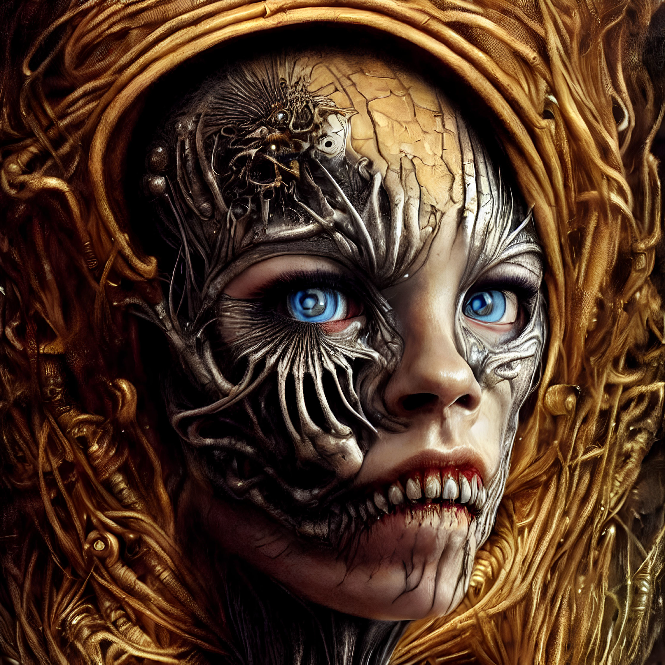 Fantasy portrait with human-meets-mechanical elements and gold accents
