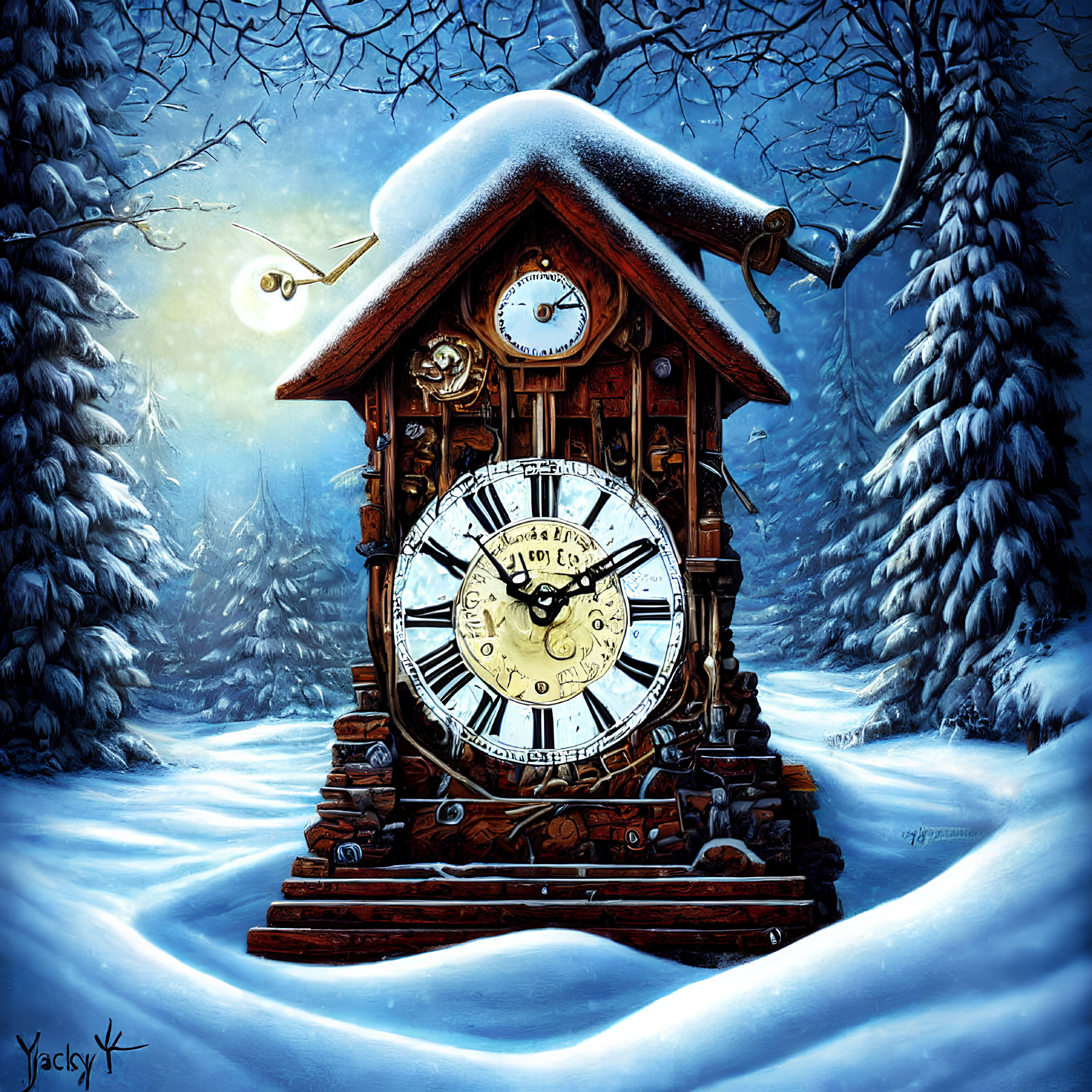 Whimsical snowy forest scene with ornate cuckoo clock